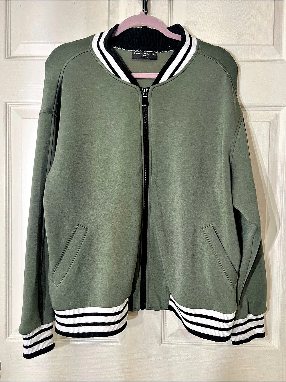 Lane Bryant Olive Striped Varsity Jacket Size 14/16 Like New